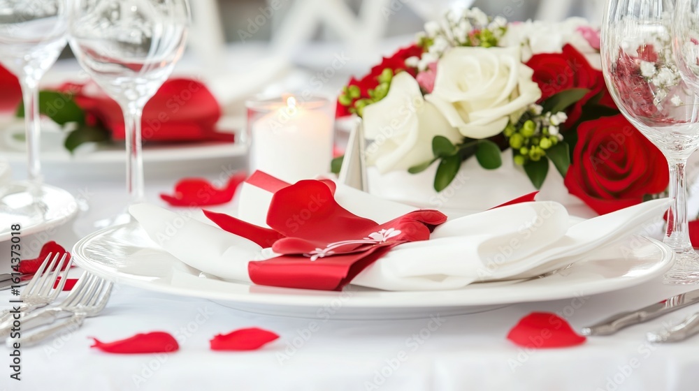 Romantic restaurant table setting, red roses, candlelight Romantic restaurant table setting, red roses, candlelight