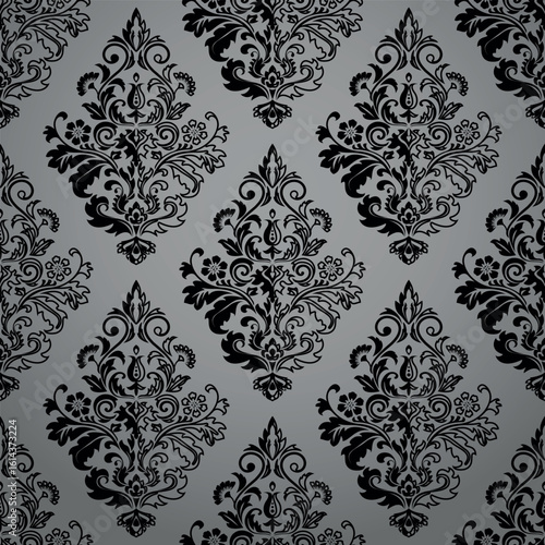 Wallpaper in the style of Baroque. Gray and black floral ornament. Seamless vector background. Graphic pattern for fabric, wallpaper, packaging. Ornate Damask flower illustration
