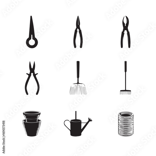 Collection of nine black silhouette garden tools and items including pruning shears pliers and a watering can isolated on white background silhouette