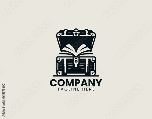 Treasure chest full of glowing books and knowledge items vector logo illustration in magical educational concept style