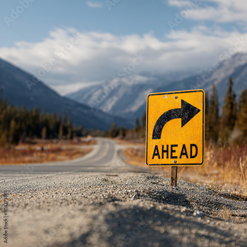 Scenic Rural Road Right Turn: Navigate Mountainous Wilderness with Vibrant Nature Exploration