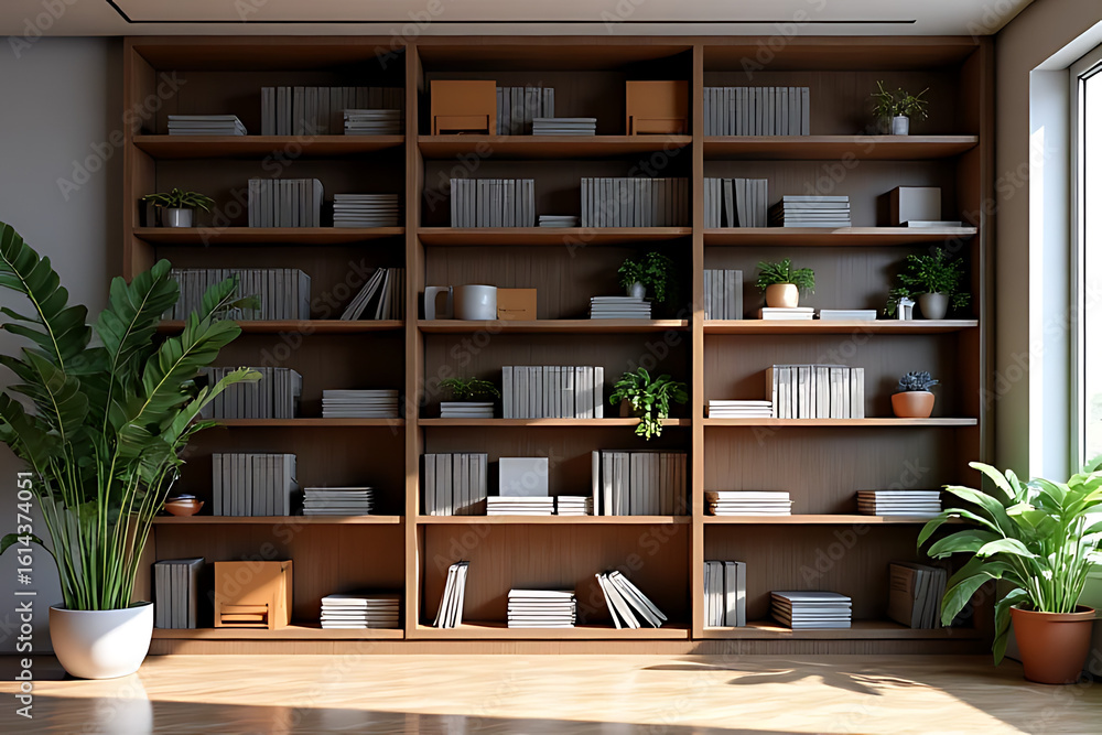 Fototapeta premium Wooden bookshelf filled with books and plants in a bright interior with natural light and a wooden floor