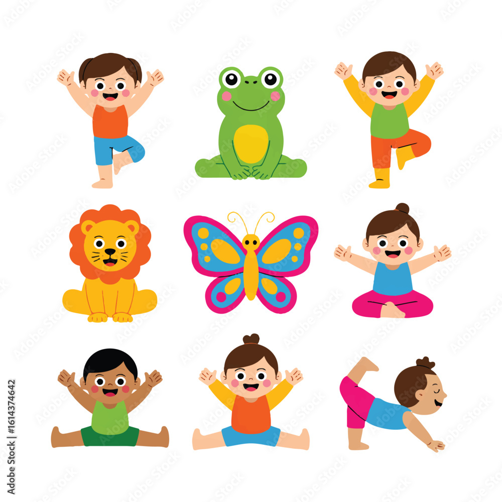 Cute cartoon children and animals performing yoga poses in a playful and energetic style isolated on white background silhouette Cute cartoon children and animals performing yoga poses in a playful and energetic style isolated on white background silhouette