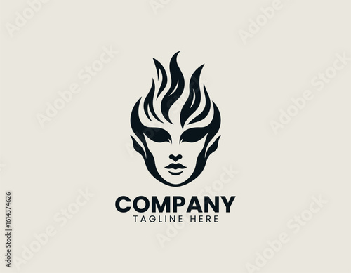Vector logo illustration of lady silhouette with flowing flame hair in elegant symbolic design of feminine power and energy