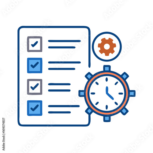 A visual representation of time management, task completion, and organizational efficiency. A clock, gear, and checklist symbolizes the importance of staying organized, focused, and efficient.