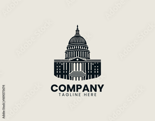 Vector logo illustration of classic capitol building with dome and pillars in elegant minimal line art government style