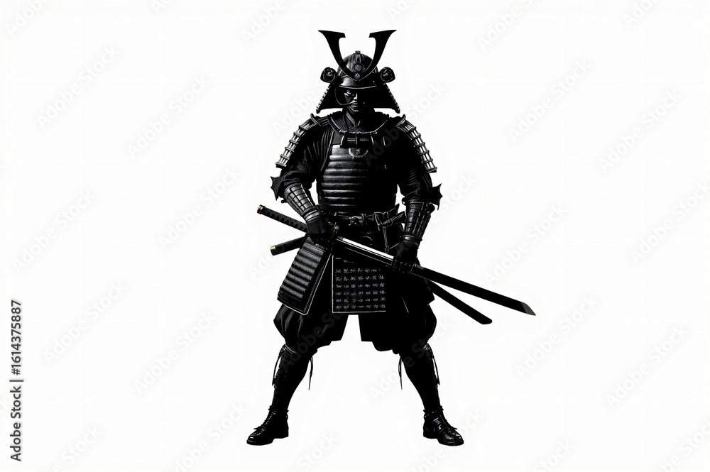 Fototapeta premium Samurai warrior, standing, white background, battle-ready, poster