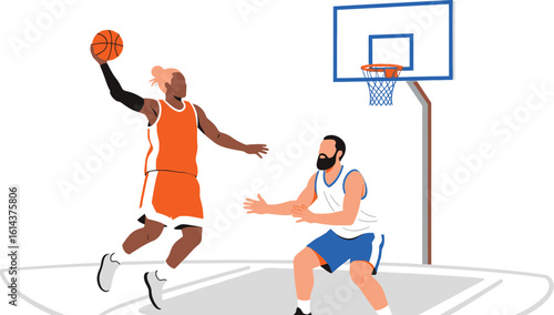 Illustration of two basketball players on a court with a basketball hoop