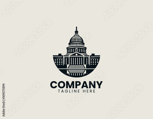 Vector logo illustration of classic capitol building with dome and pillars in elegant minimal line art government style