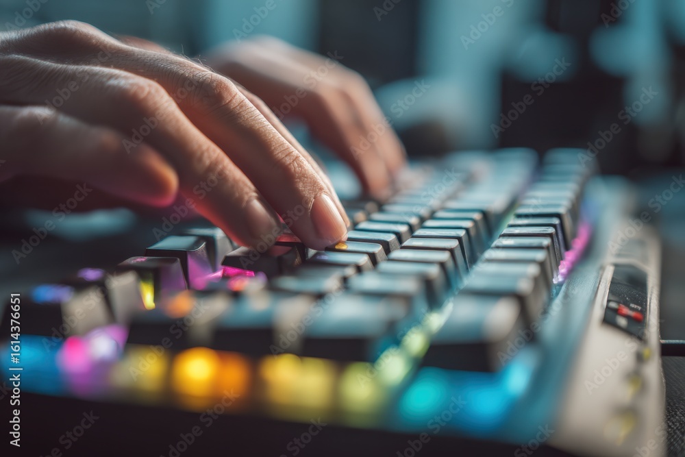 Fototapeta premium Close-up of hands typing on a colorful backlit keyboard in a modern workspace with blurred background