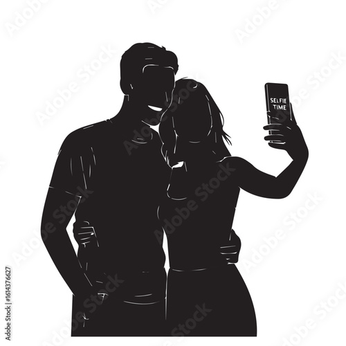 Romantic couple taking a selfie together embracing closely with a smartphone captured as a striking silhouette isolated on white background