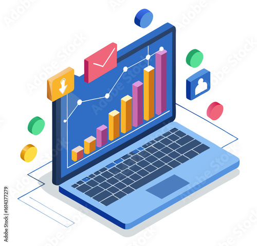 An isometric illustration of a laptop with a business chart on the screen, surrounded by various icons. It represents data analysis, digital marketing, and business reporting.