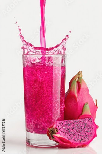Dragon fruit juice with bright pink tone pouring into a glass, exotic styling on white background, high-speed shot