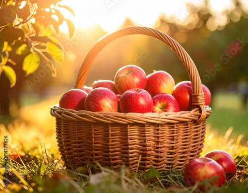 The harvested apples are placed in bamboo baskets, under the soft light of the morning sun.