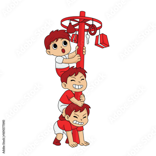 Indonesian Independence Day Game: Kids Climbing Greasy Pole (Panjat Pinang)

