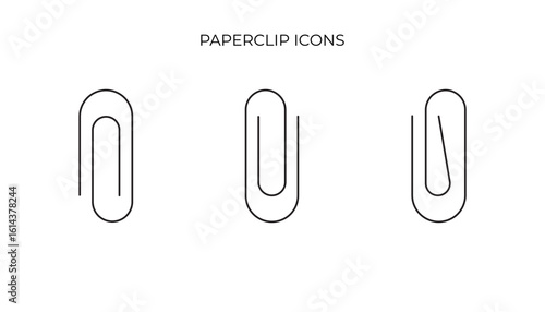 Simple black outline paperclip icon, shown in three slightly varied orientations on a white background.