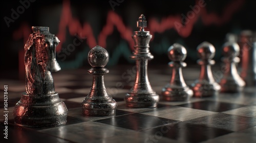 Chess Pieces on a Board with a Stock Market Graph

