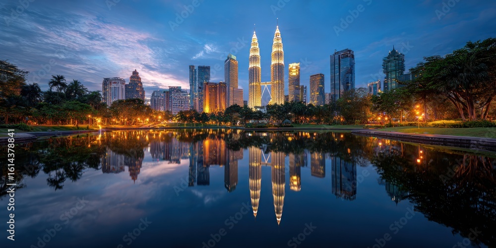 Fototapeta premium Petronas Towers Reflection: Kuala Lumpur Skyline at Dusk