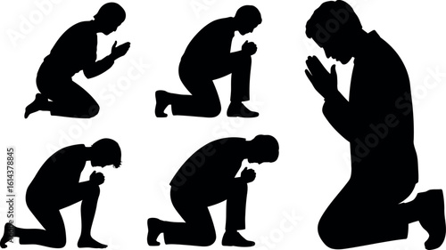 Silhouettes of people kneeling with hands clasped in prayer on a white background view