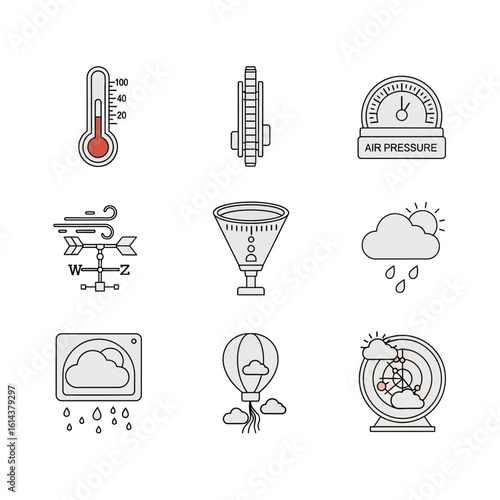Collection of weather-related icons including a thermometer, barometer, wind vane, rain cloud, and hot air balloon.