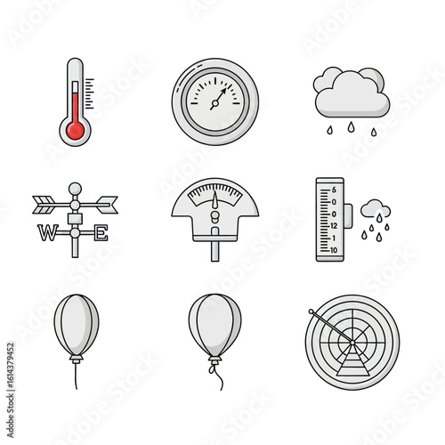A collection of weather-related icons, including a thermometer, barometer, rain cloud, weather vane, gauge, balloons, and radar.