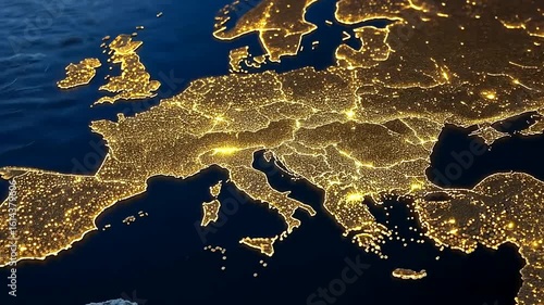 Europe at night city lights viewed from space cinematic aerial animation