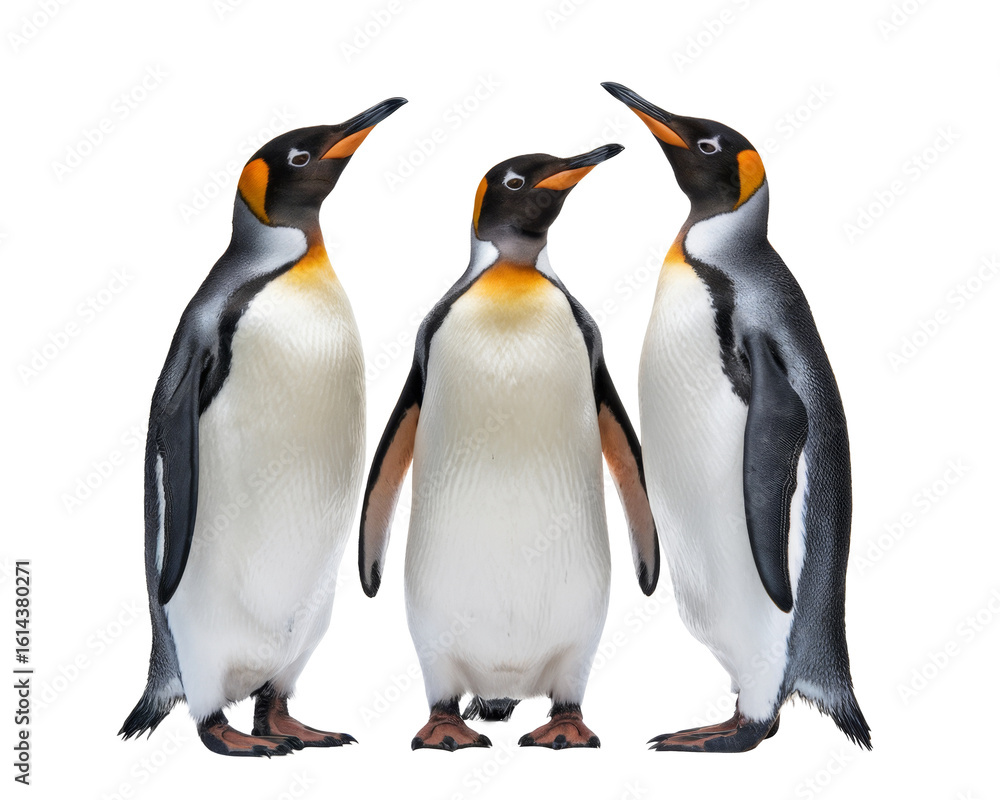 Fototapeta premium three king penguins standing, isolated on white background.