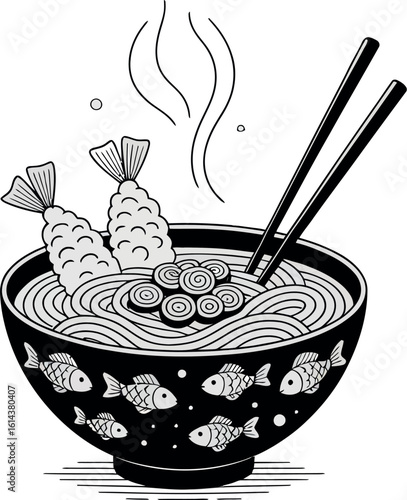 A bowl of ramen with tempura and fish design containing chopsticks and steam lines art
