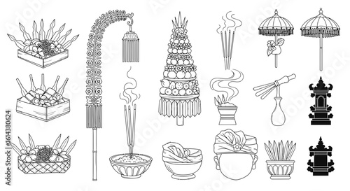 Balinese Hindu Offering Icon Set: Canang Sari, Gebogan, Penjor. Vector line art for Bali ceremony.