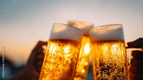 friends clinking golden beer pints with foam in sunset outdoor bar
