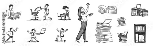 Business silhouette vector set with humorous office characters in sketch style job and work scenes