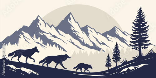 Vector  three wolves silhouetted against a backdrop of mountains and pine trees in a serene outdoor scene
