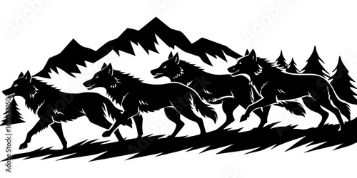 Vector  a pack of wolves running in the wilderness with mountains and trees in a black and white illustration