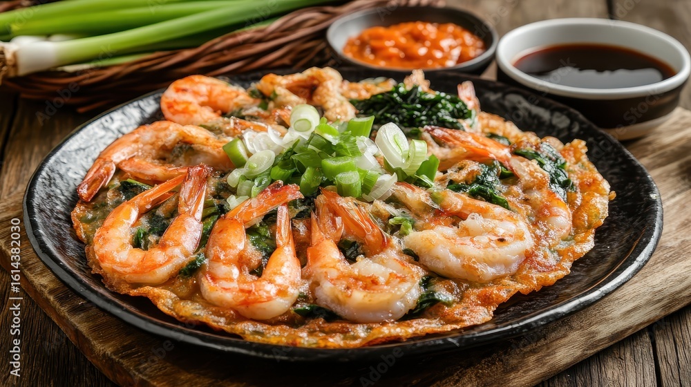 Fresh Shrimp Pancake on Black Plate with Colorful Garnishes Fresh Shrimp Pancake on Black Plate with Colorful Garnishes