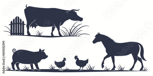 Vector  silhouette of farm animals including a cow horse pig and chickens in a field with fence scenery