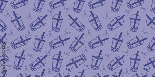 Seamless pattern purple bubble tea drink doodle.Food and beverage illustration.