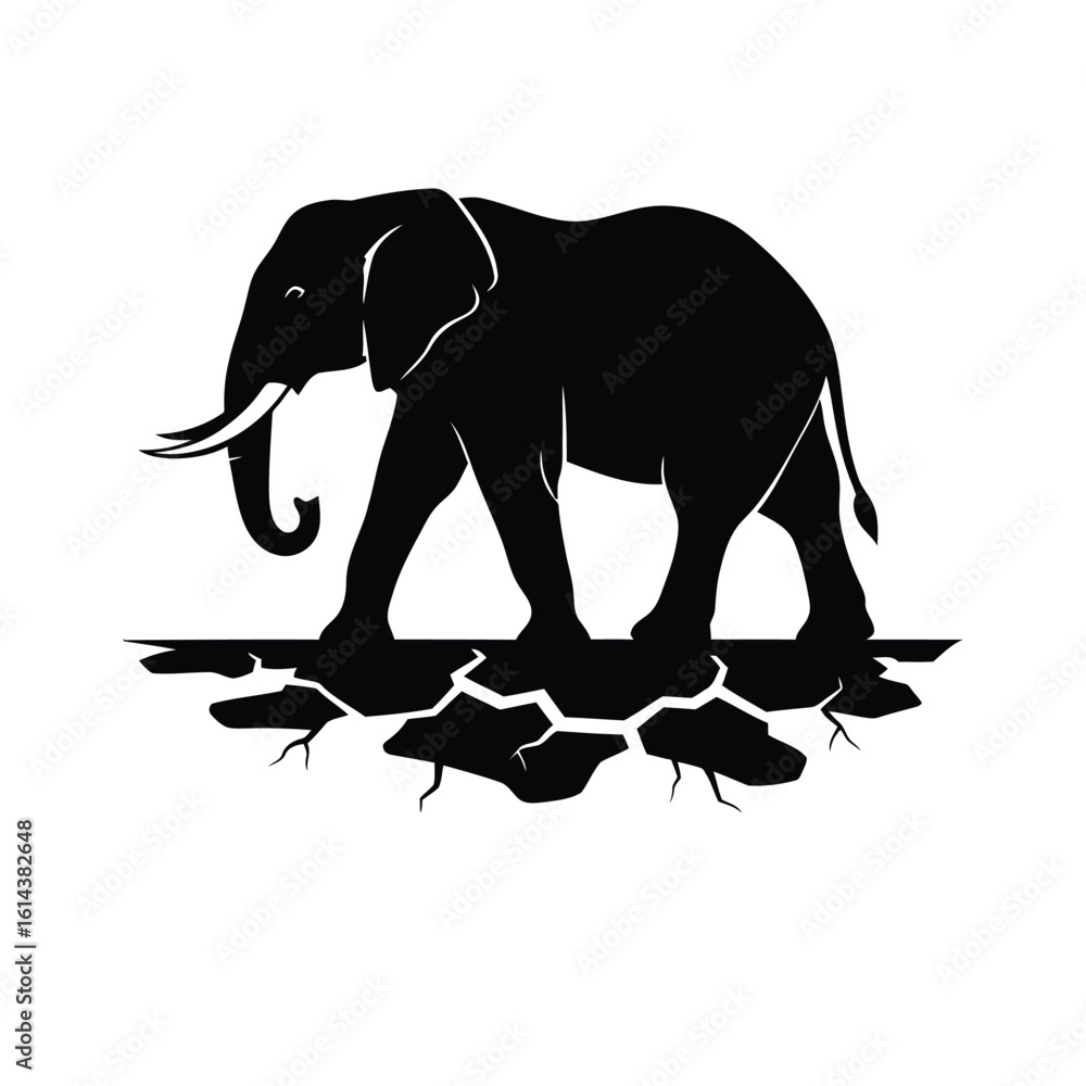 Fototapeta premium Majestic elephant silhouette icon walking on cracked earth, a vector graphic with digital asset format Content-Type application/json.
