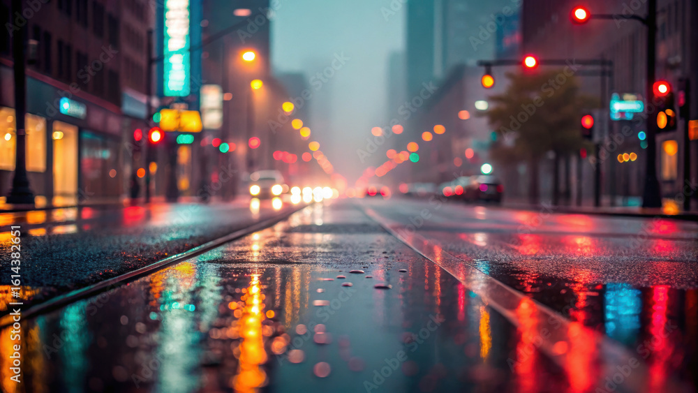 Fototapeta premium Rainy urban street at night with glowing reflections and blurred lights creates vibrant atmosphere
