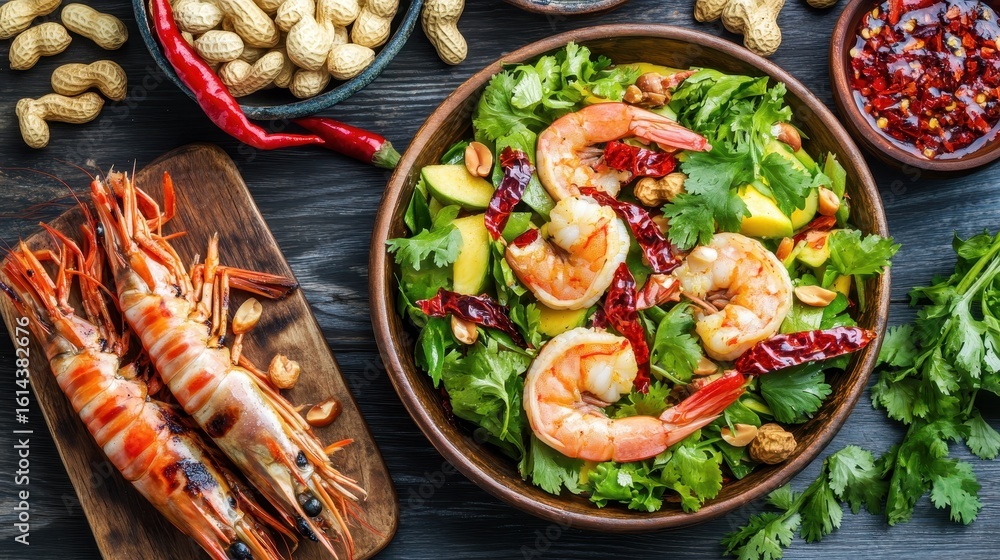 Fresh Shrimp Salad with Spicy Peppers and Nuts on Rustic Table Fresh Shrimp Salad with Spicy Peppers and Nuts on Rustic Table