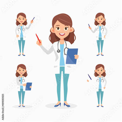 Set of a friendly female doctor character in various poses. A medical professional avatar illustration for healthcare presentations.