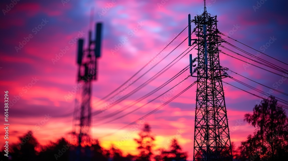 Fototapeta premium Towers silhouette against fiery sky