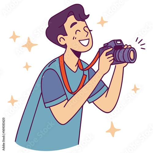 Cartoon Man Smiling While Holding Camera Surrounded by Sparkles, Photography Enthusiast