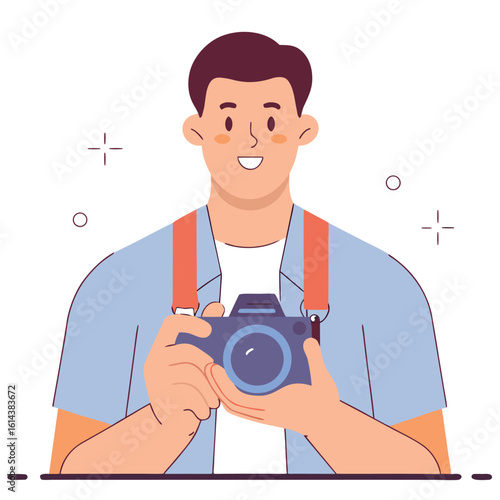 Cartoon Man Taking with Camera Using Orange Strap on a White Background