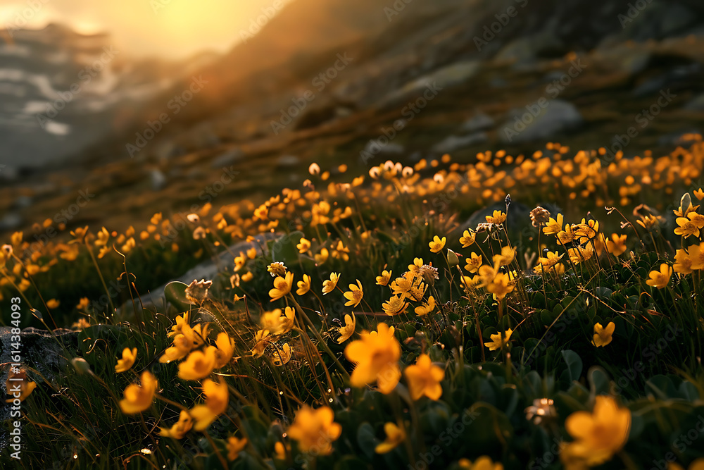 Fototapeta premium Sunset illuminates yellow flowers with mountain backdrop 