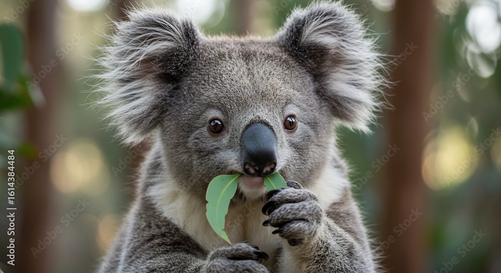 Naklejka premium 優しい光浴びる子グマ ユーカリ葉を食べる姿 穏やか. AI Generated