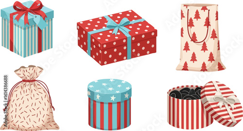 Festive holiday gifts including boxes, bags, and presents ready for celebration