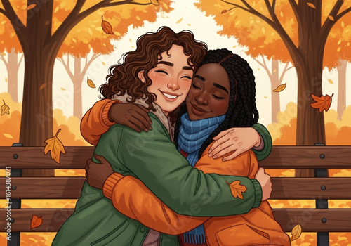 Flat vector illustration of two friends hugging on a park bench in autumn emotional inclusive scene

