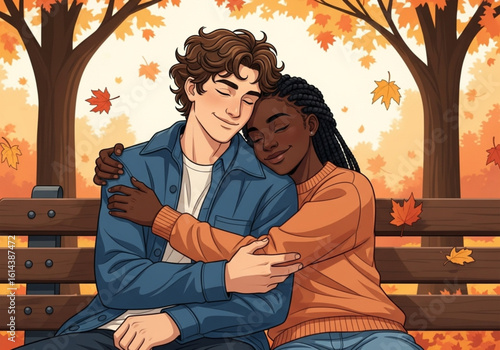 Flat vector illustration of two friends hugging on a park bench in autumn emotional inclusive scene

