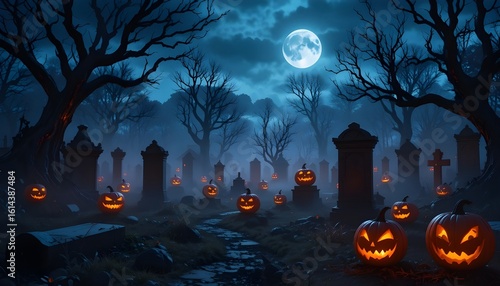 A spooky night Halloween scene with Jack O' Lanterns In a Graveyard.
