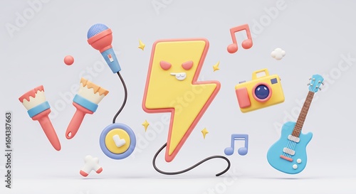 Colorful digital graphic of entertainment items